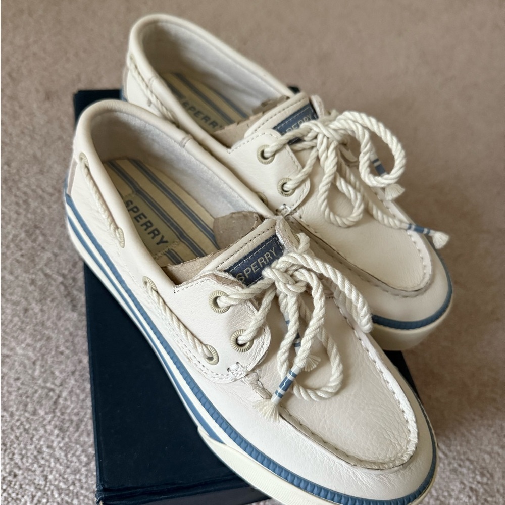 Sperry Cream and Blue Boat Platform Shoes